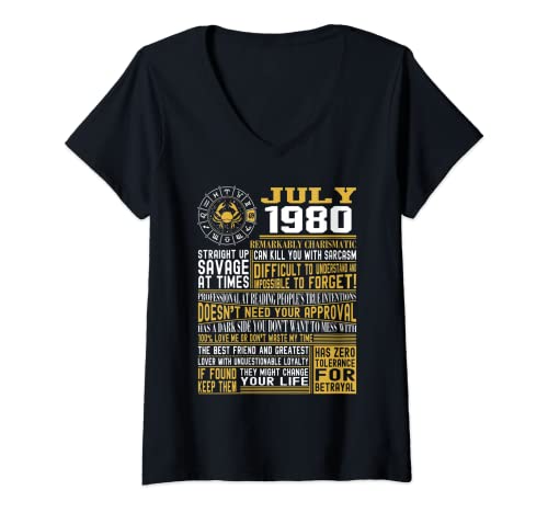 Damen 40th birthday t-shirt, Born in July 1980 Facts T-Shirt mit V-Ausschnitt von July Birthday Gifts