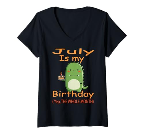 Damen Juli Geburtstag Dinosaurier mit Kuchen Lustiger Geburtstag T-Shirt mit V-Ausschnitt von July Dinosaur Birthday Cake