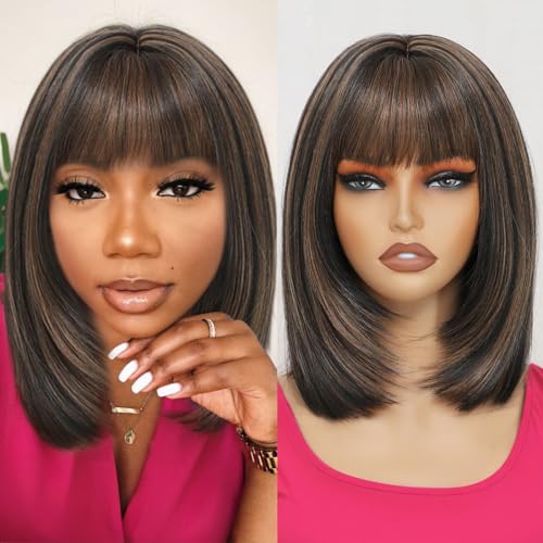 Kurze Bob-Perücke, 25,4 cm, mit Pony, braune Highlight-Perücken für Frauen, klebefreie gerade Bob-Perücke mit vorgeschichtetem Schnitt, hitzebeständige Kunstfaser Kurze Bob-Perücke, 25,4 cm, mit Pony, braune Highlight-Perücken für Frauen, klebefreie gerade Bob-Perücke mit vorgeschichtetem Schnitt, hitzebeständige Kunstfaser von JulyQueen