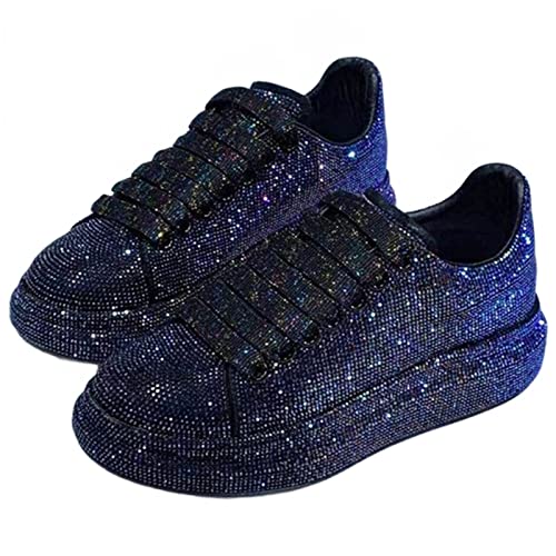 Julymens Damen Glitzer Strasssteine Plattform Turnschuhe Lässig Schnürung Sportschuhe SH023 Schwarz EU36=CN36 von Julymens