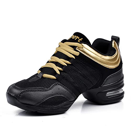 Julymens Damen Jazz Tanz Sneaker Atmungsaktiv Netz Leicht Geteilte Sohle Sportlich Wanderschuhe SH019 Gold EU37.5=CN38 von Julymens