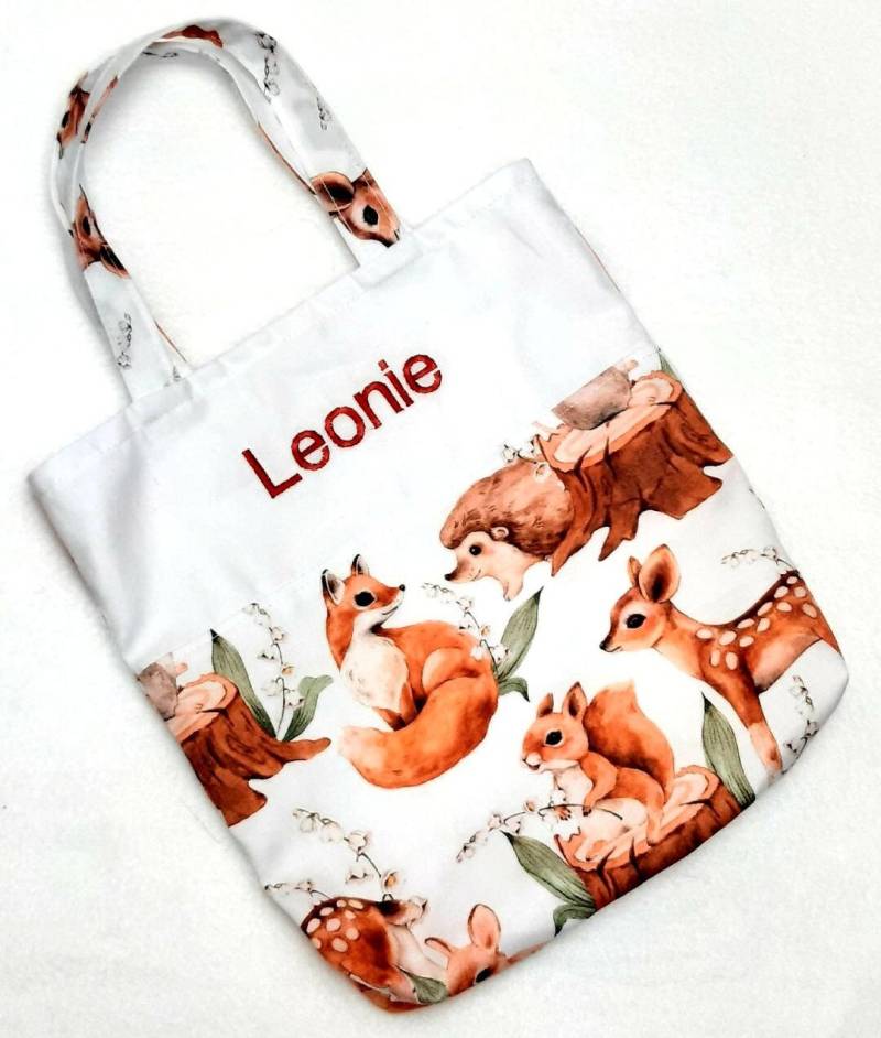Kinderbeutel Mit Name Gestickt Waldtiere Reh Fuchs Personalisiert Kindertasche von JumabaKidz