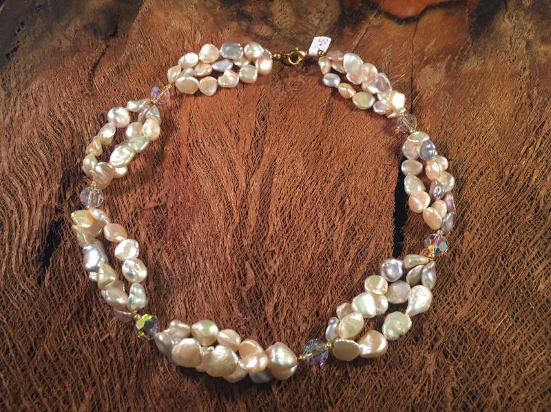 Collier Süßwasserperlen + Straß Beige Natur Edel von JumanArt