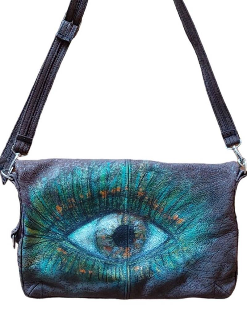 Bemalte Ledertasche/Auge/Handgemalt/Schultertasche/Tasche/Braun/Grün von JumesWelt