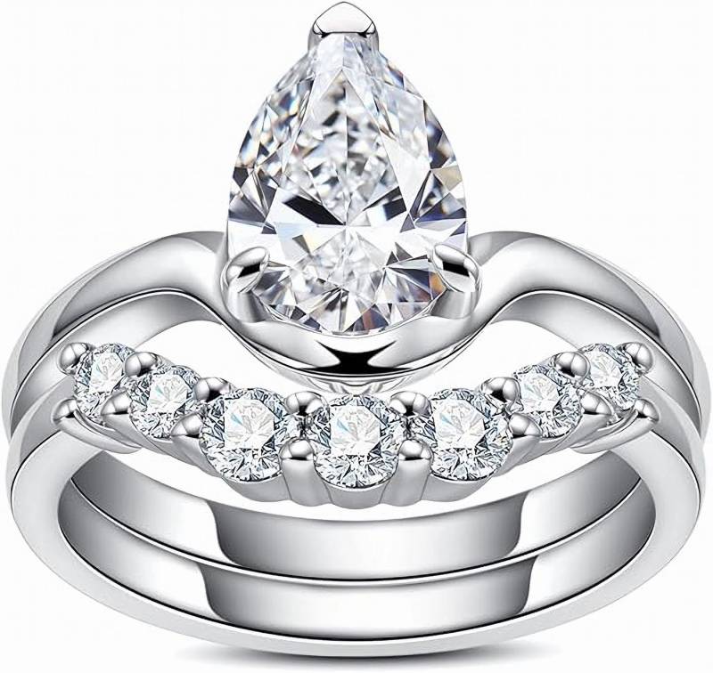 Jumpeak Diamantring 2ct DVVS2 2EX,Labordiamant,Prächtig,Trauringe Ehering Set 2 teilig, Damen-Diamantring zum Stapeln, tropfenförmiger Diamant von Jumpeak