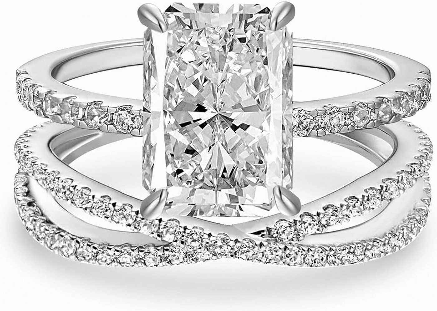 Jumpeak Diamantring 3ct Radiant Labordiamant Verlobungsring 14K Weißgold, D, VVS2, 2EX, Ehering, Doppelring-Set mit IGI-Zertifikat perfektes Liebesgeschenk von Jumpeak