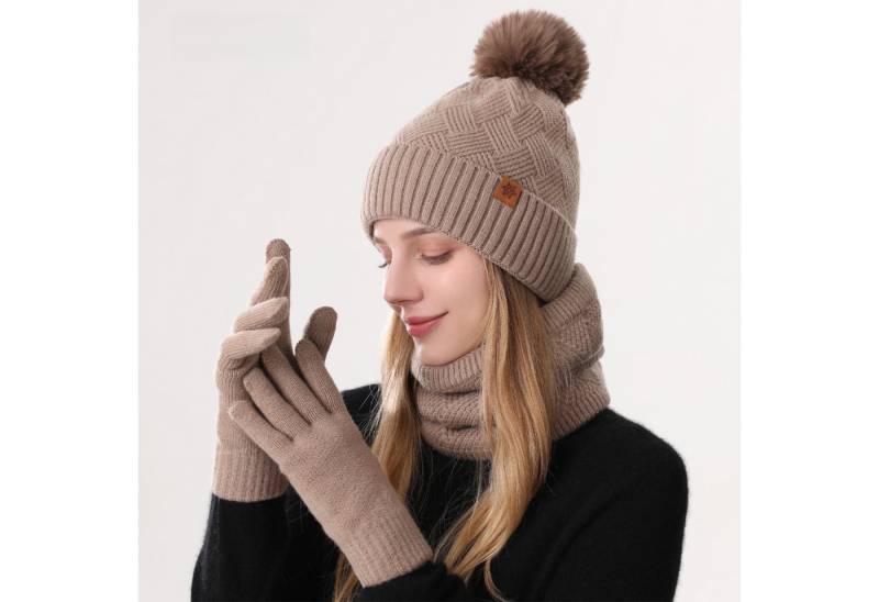 Jumpeak Mütze & Schal Mütze & Schal,Schal Mütze Handschuhe Set,Modeschal,Strickhandschuhe (Spar-Set) Damen,3er-Set,Gestrickte Touchscreen-Handschuhe,Sieben Farben von Jumpeak