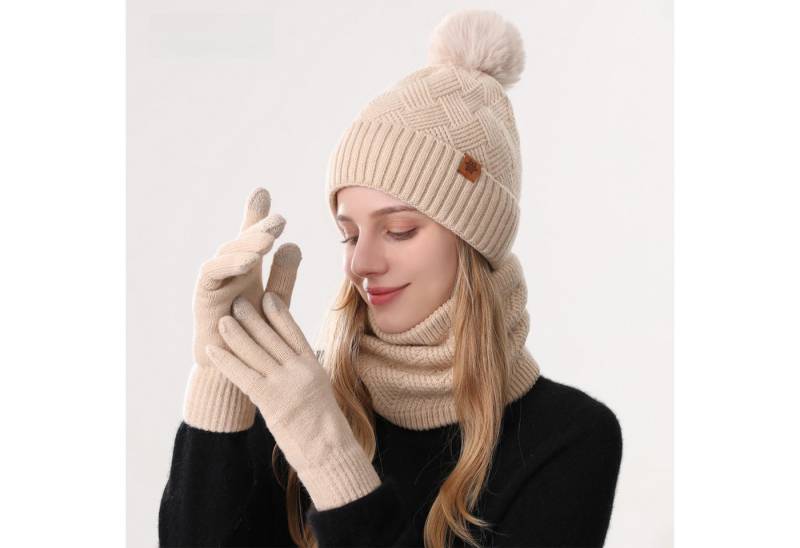 Jumpeak Mütze & Schal Mütze & Schal,Schal Mütze Handschuhe Set,Modeschal,Strickhandschuhe (Spar-Set) Damen,3er-Set,Gestrickte Touchscreen-Handschuhe,Sieben Farben von Jumpeak