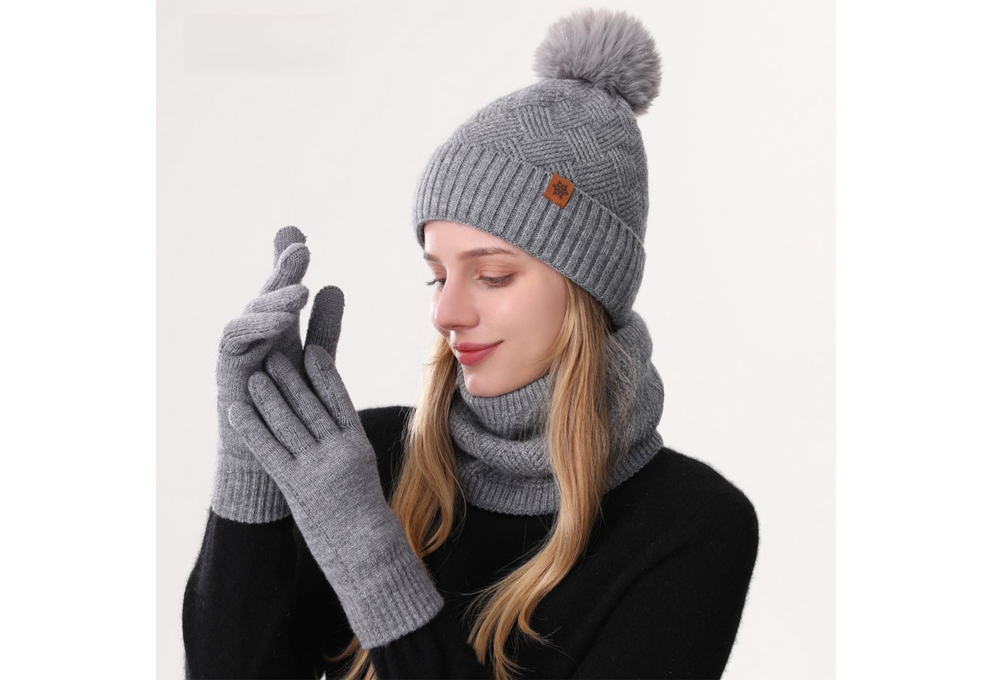 Jumpeak Mütze & Schal Mütze & Schal,Schal Mütze Handschuhe Set,Modeschal,Strickhandschuhe (Spar-Set) Damen,3er-Set,Gestrickte Touchscreen-Handschuhe,Sieben Farben von Jumpeak