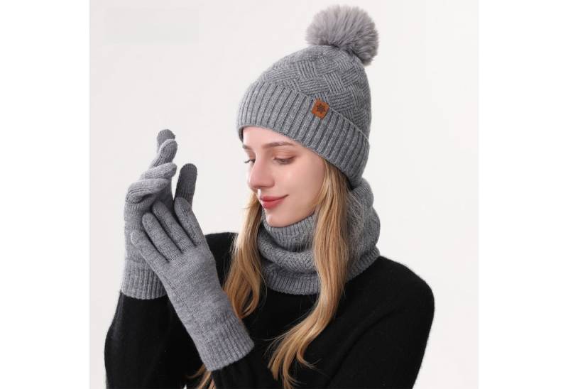 Jumpeak Mütze & Schal Mütze & Schal,Schal Mütze Handschuhe Set,Modeschal,Strickhandschuhe (Spar-Set) Damen,3er-Set,Gestrickte Touchscreen-Handschuhe,Sieben Farben von Jumpeak