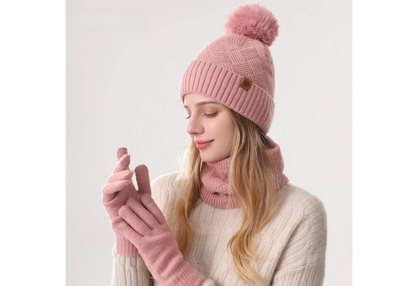 Jumpeak Mütze & Schal Mütze & Schal,Schal Mütze Handschuhe Set,Modeschal,Strickhandschuhe (Spar-Set) Damen,3er-Set,Gestrickte Touchscreen-Handschuhe,Sieben Farben von Jumpeak