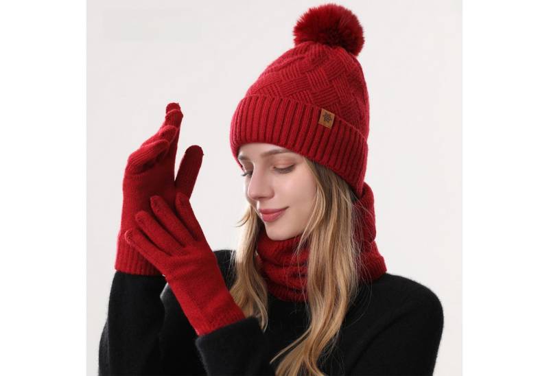 Jumpeak Mütze & Schal Mütze & Schal,Schal Mütze Handschuhe Set,Modeschal,Strickhandschuhe (Spar-Set) Damen,3er-Set,Gestrickte Touchscreen-Handschuhe,Sieben Farben von Jumpeak