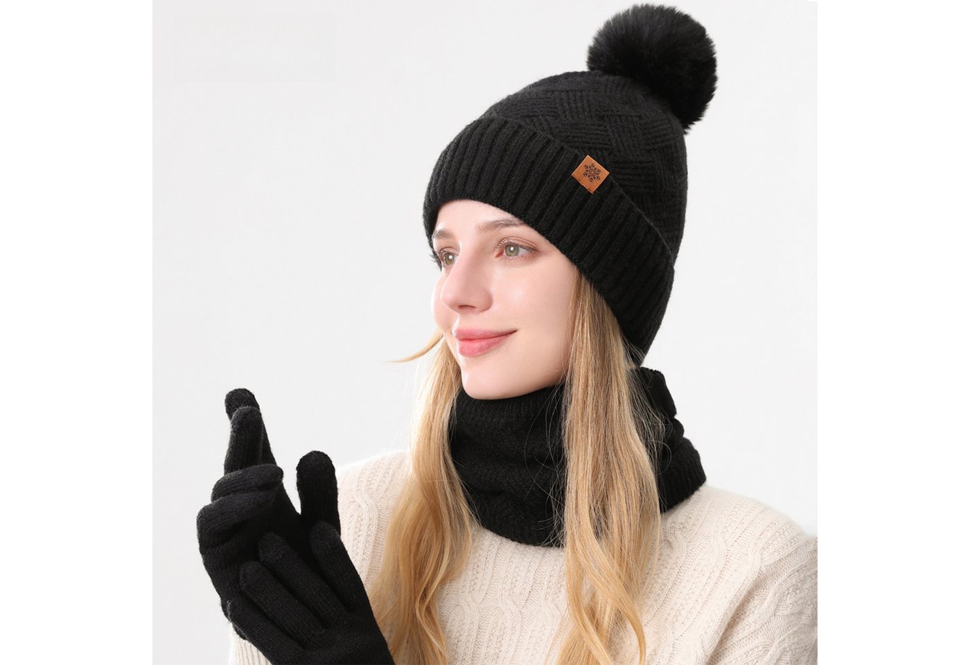 Jumpeak Mütze & Schal Mütze & Schal,Schal Mütze Handschuhe Set,Modeschal,Strickhandschuhe (Spar-Set) Damen,3er-Set,Gestrickte Touchscreen-Handschuhe,Sieben Farben von Jumpeak