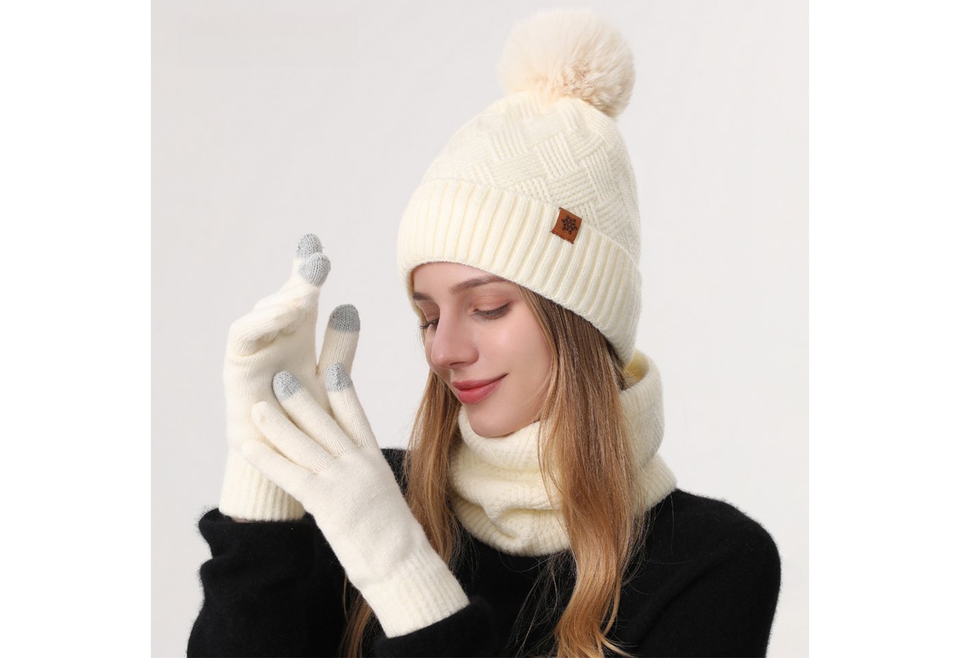 Jumpeak Mütze & Schal Mütze & Schal,Schal Mütze Handschuhe Set,Modeschal,Strickhandschuhe (Spar-Set) Damen,3er-Set,Gestrickte Touchscreen-Handschuhe,Sieben Farben von Jumpeak