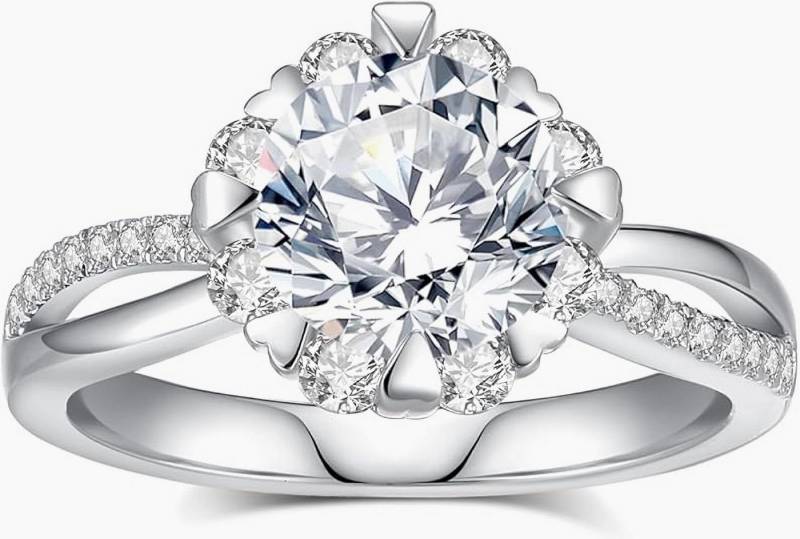 Jumpeak Verlobungsring Romantischer Bouquet-Ring mit 2ct-Diamant in Rundform Brillantschliff, Im Labor gezüchteter Diamant, Farbe E,VVS2, mit IGI-Zertifikat von Jumpeak