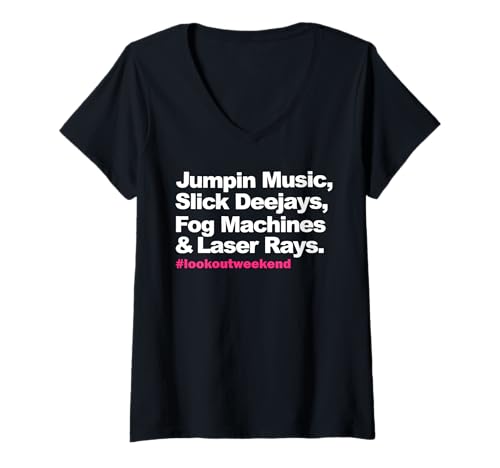 Damen Jumpin Music Slick Deejays Nebelmaschinen und Laserstrahlen T-Shirt mit V-Ausschnitt von Jumpin Music Slick Deejays Fog Machine Tee Shirt