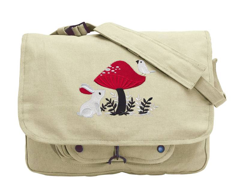 A Curious Fund - Kaninchen Vogel Pilz Bestickte Canvas Messenger Bag von JumpingJackalope