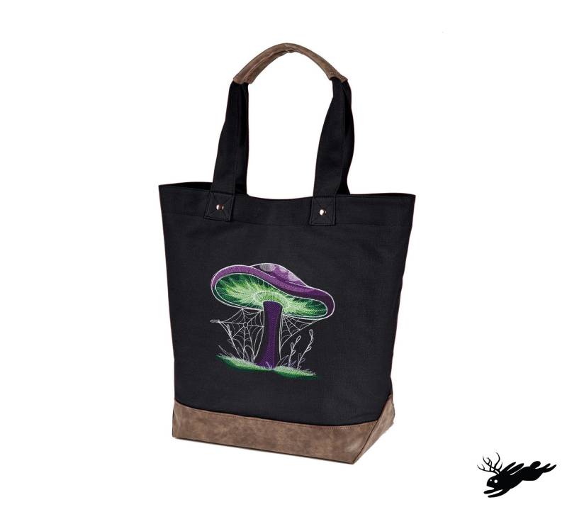 Enchanted Garden - Mit Pilz Bestickter Canvas-Tasche Mit Akzenten Aus Veganem Leder von JumpingJackalope