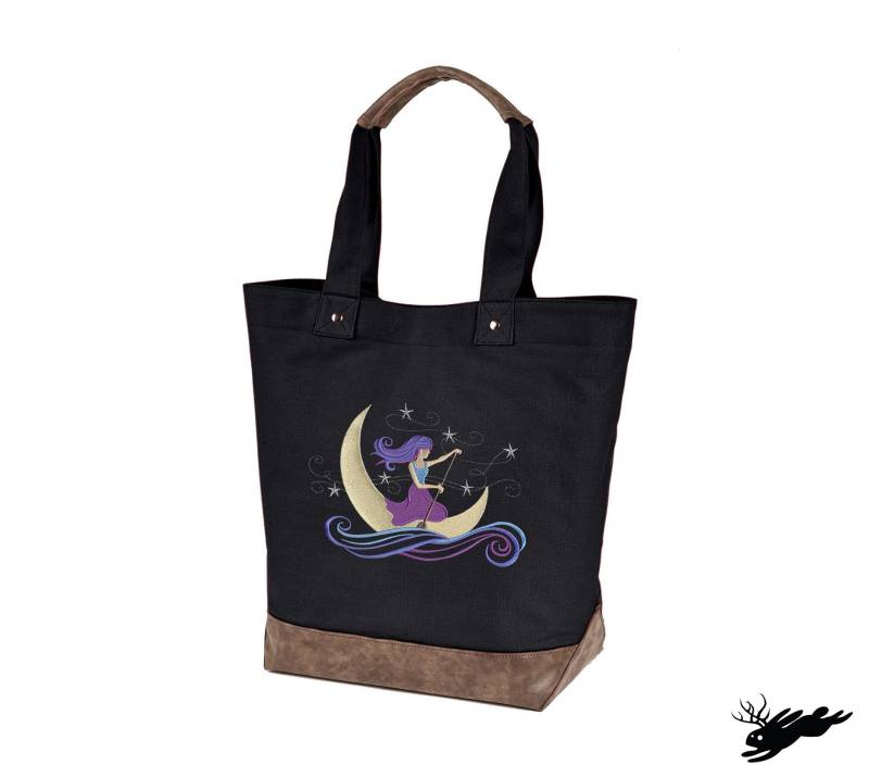 Enchanted Night - Moon Bestickte Canvastasche Mit Akzenten Aus Veganem Leder von JumpingJackalope
