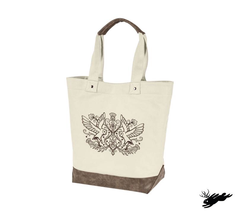 Gespiegelte Eule Crest Bestickt Canvas Tasche Mit Vegan Leder Akzenten von JumpingJackalope