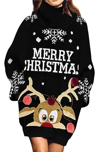 Jumppmile Damen Ugly Christmas Xmas Oversize Rollkragenpullover Pullover Kleid mit Taschen, Schwarze Regendeere, Klein von Jumppmile
