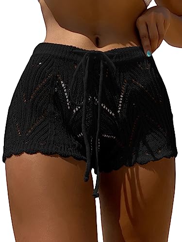 Jumppmile Damen gehäkelte Shorts aushöhlen hohe Taille Strick Badeanzug Bikini Badeanzug, Kurz-3-schwarz, XL von Jumppmile