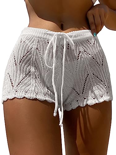 Jumppmile Damen gehäkelte Shorts aushöhlen hohe Taille Strick Badeanzug Bikini Badeanzug, Kurz-3-weiß, Medium von Jumppmile