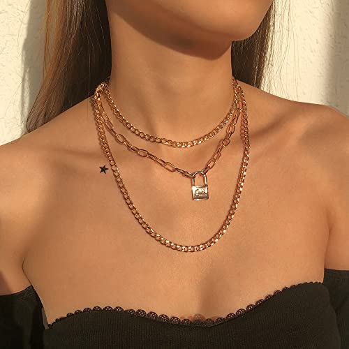 Jumwrit Zierliche mehrlagige Choker-Halskette, Punk, kubanische Gliederkette, Büroklammer-Halskette mit Schloss-Anhänger, Gold-Panzerkette für Frauen und Mädchen Jumwrit Zierliche mehrlagige Choker-Halskette, Punk, kubanische Gliederkette, Büroklammer-Halskette mit Schloss-Anhänger, Gold-Panzerkette für Frauen und Mädchen von Jumwrit