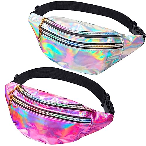 JunD 2 Stück Bauchtasche Damen Metallic, Gürteltasche Damen Holografisch, Bauchtasche Damen PU Leder, wasserdichte Reflektierende Bauchtasche, 80er & 90er Jahre Retro Bauchtasche (Silber+Rosa) von JunD