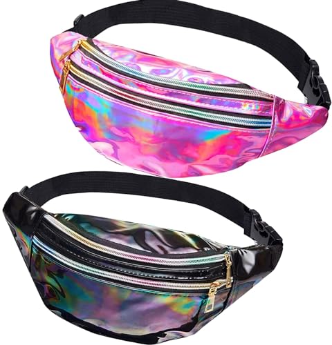 JunD 2 Stück Bauchtasche Damen Metallic, Gürteltasche Damen Holografisch, Bauchtasche Damen PU Leder, wasserdichte Reflektierende Bauchtasche, 80er & 90er Jahre Retro Bauchtasche (Rosa + Schwarz) von JunD