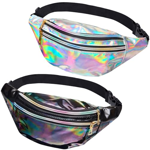 JunD 2 Stück Bauchtasche Damen Metallic, Gürteltasche Damen Holografisch, Bauchtasche Damen PU Leder, wasserdichte Reflektierende Bauchtasche, 80er & 90er Jahre Retro Bauchtasche (Silber + Schwarz) von JunD