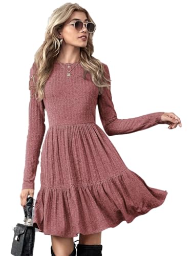 JunD Damen Langarm Rundhalsausschnitt Midikleid A-Linie Freizeitkleid Damen Strickkleid Pulloverkleid Elegant Langarm Strickkleider Damen von JunD