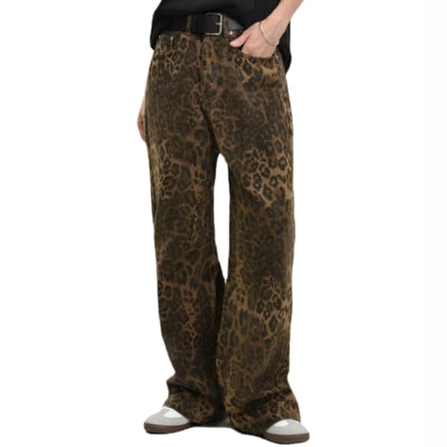 JunD Leoparden Hose Low Waist Baggy Jeans Y2K Unisex 90er Hellbraune Mit Weitem Bein Barrel Taille Streetwear Cargo Damen Männer von JunD