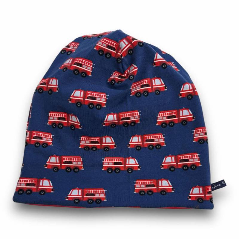 Beaniemütze "Firebrigade" Feuerwehr Navy Rot Blau Wendebeanie Beanie Mütze Loops Juna Kindermode 37 39 41 43 45 47 49 51 53 55 von JunaKindermodede