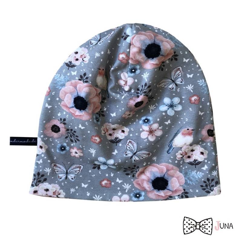 Beaniemütze "Flowergarden" | Wendebeanie Beanie Mütze Loops Passend Im Shop Juna Kindermode Rosa Grau Vögel Rosen Blume Schmetterling von JunaKindermodede