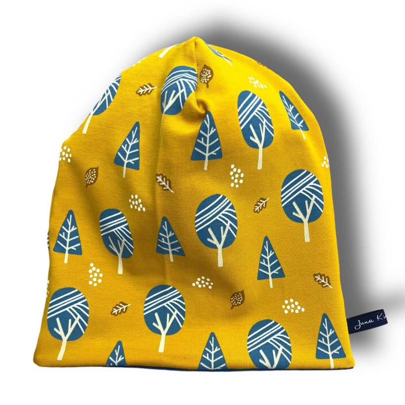 Beaniemütze "Happytrees" Baum Bäume Wald Ocker Senfgelb Rauchblau Wendebeanie Beanie Wendemütze Loop Passend 37 39 41 43 45 47 49 51 53 55 von JunaKindermodede