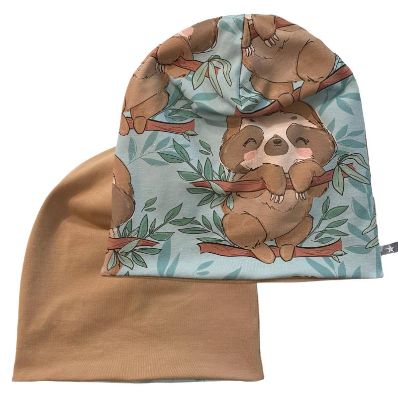 Beaniemütze "Pootysloth" | Wendebeanie Beanie Mütze Loop Passend Im Shop Juna Kindermode Faultier Türkis Mint Hellbraun von JunaKindermodede