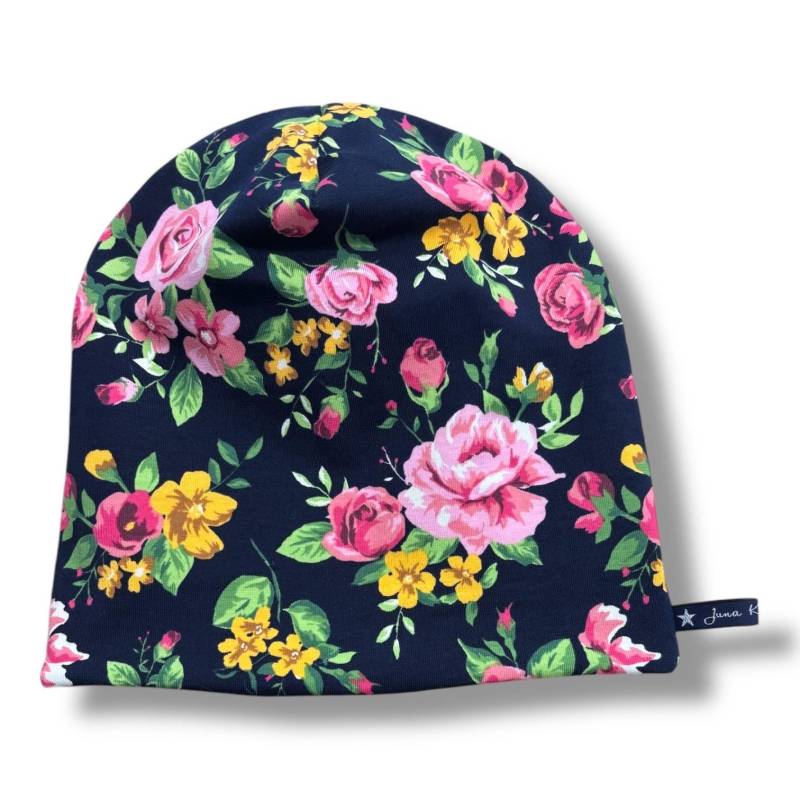 Beaniemütze "Scentedrose" Navy Blau Rosa Pink Wendebeanie Beanie Mütze Juna Kindermode Rose Rosen Igel Reh Winter Tiere Blumen Floral von JunaKindermodede