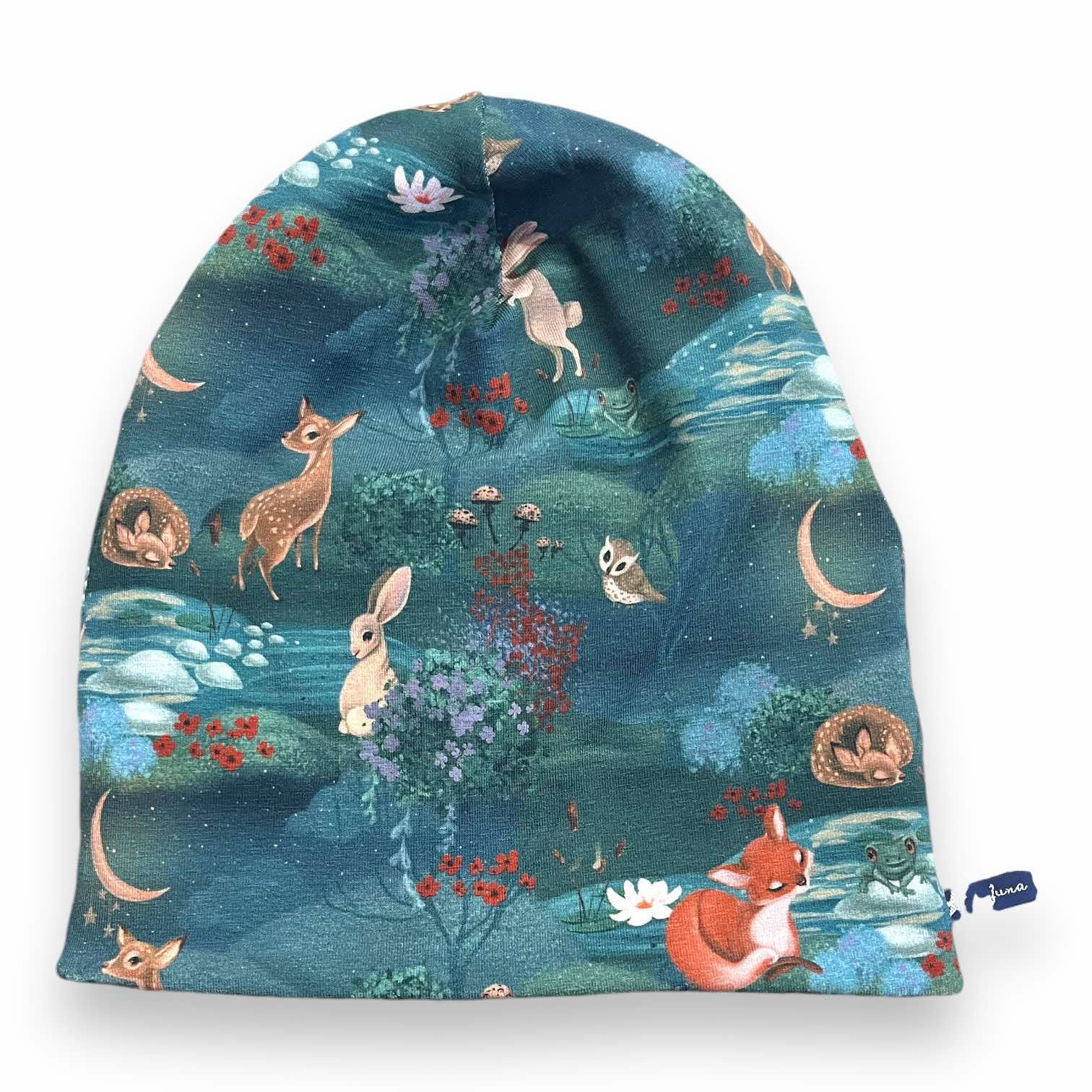 Beaniemütze Waldtiere Mondschein Mondlicht Reh Mond Eule Fuchs Hase Mint Altgrün Wendebeanie Beanie Mütze 35 37 39 41 43 45 47 49 51 53 55 von JunaKindermodede