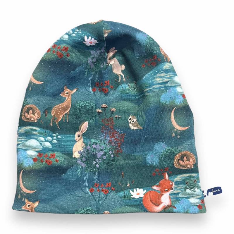 Beaniemütze Waldtiere Mondschein Mondlicht Reh Mond Eule Fuchs Hase Mint Altgrün Wendebeanie Beanie Mütze 35 37 39 41 43 45 47 49 51 53 55 von JunaKindermodede