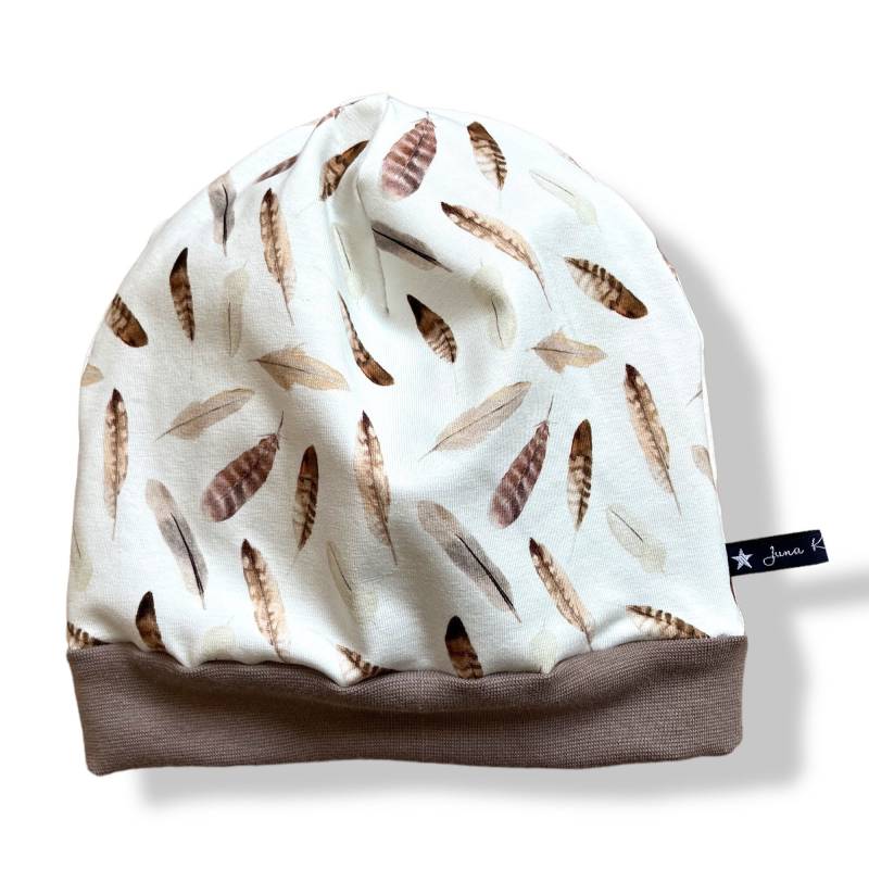 Bündchenmütze "Federleicht" Wendebeanie Beanie Mütze Federn Bohostil Beige Creme Taupe Loops Baby Kind Braun 35 37 39 41 43 45 47 49 51 53 von JunaKindermodede