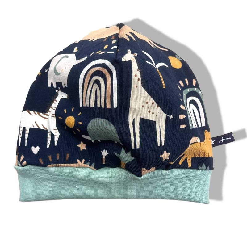 Bündchenmütze "Safari" Wendebeanie Beanie Mütze Giraffe Löwe Schildkröte Loops Baby Kind Braun 35 37 39 41 43 45 47 49 51 53 Navy Beige Mint von JunaKindermodede