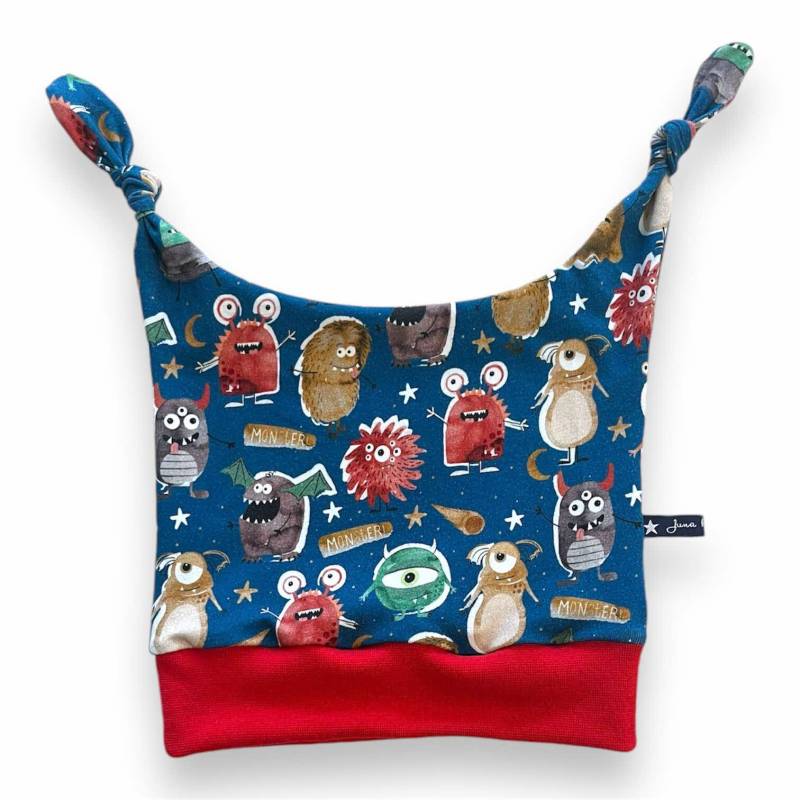 Knotenmütze "Hungrymonsters" | Monster Juna Rot Blau Turban Beanie Mütze Kindermode Rennauto Rennwagen 37 39 41 43 45 47 49 51 von JunaKindermodede