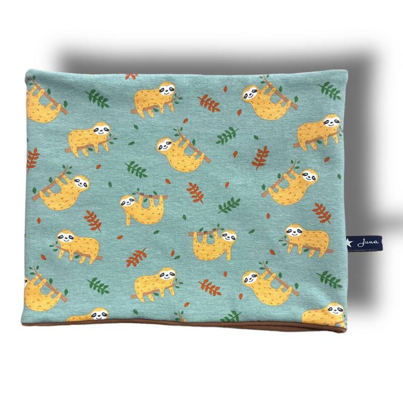 Loopschal "Cozysloth" Faultier Faultiere Baum Blätter Altmint Mint Ocker Loop Schal Tuch Beaniemütze Juna Kindermode Wendekleidung Kinder von JunaKindermodede