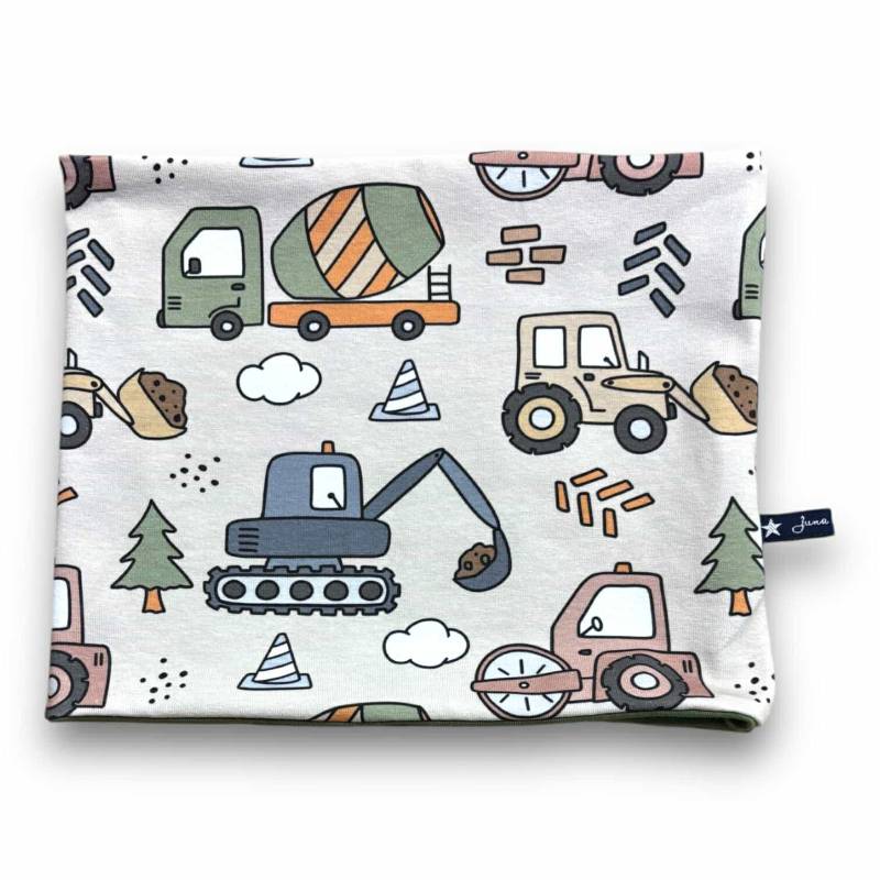 Loopschal Bagger Baustelle Baustellenfahrzeuge Loop Schal Tuch Beaniemütze Juna Kindermode Kipplaster Traktor Beige Khaki Tannenbaum von JunaKindermodede