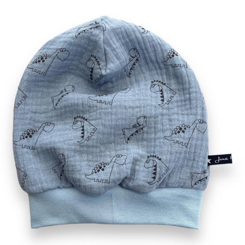 Musselinmütze Bündchenmütze Drachen Dragon Dino Dinosaurier Hellblau Blau Beanie | Mütze Loops Shop Juna Kindermode Double Gauze Teenager von JunaKindermodede