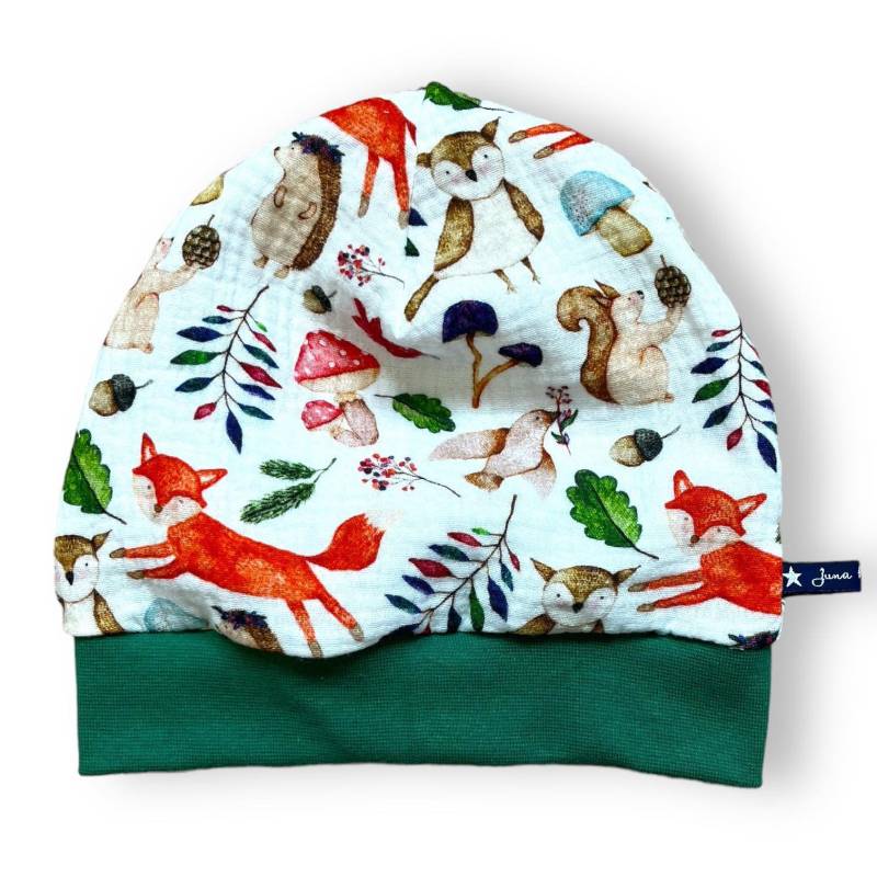 Musselinmütze Bündchenmütze Fuchs Füchse Herbstlich Pilze Pilz Vögel Eichhörnchen Beanie | Mütze Loops Shop Juna Kindermode Double Gauze von JunaKindermodede