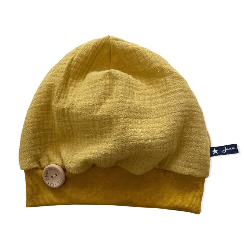 Musselinmütze Bündchenmütze "Newocker" Senf Gelb Ocker | Wendebeanie Beanie Mütze Loops Passend Im Shop Juna Kindermode Double Gauze von JunaKindermodede