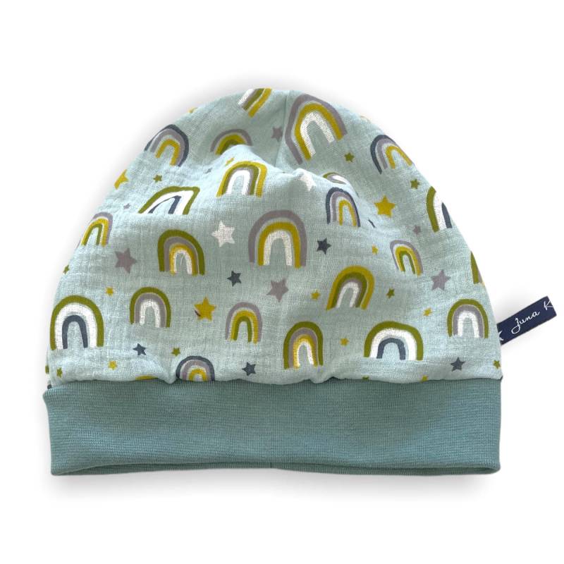 Musselinmütze Bündchenmütze Sternchen Und Regebogen Mint Wendebeanie | Beanie Mütze Loops Passend Im Shop Juna Kindermode Double Gauze von JunaKindermodede