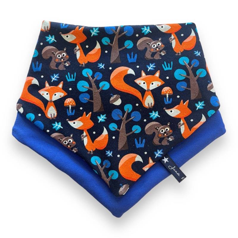 Schaltuch "Woodenfoxes" Fuchs Füchse Eichhörnchen Blau Orange Braun Jersey Dreieckstuch Tuch Loop Halstuch Baby Kind Kleinkind Teddyplüsch von JunaKindermodede